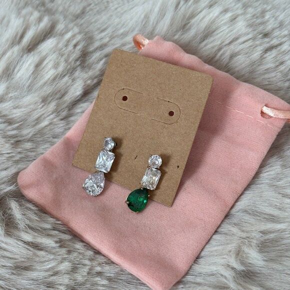 Roxanne Assoulin Jewelry - Roxanne Assoulin Mismatched CZ Drop Earrings Clear Emerald Green Mixed Cut